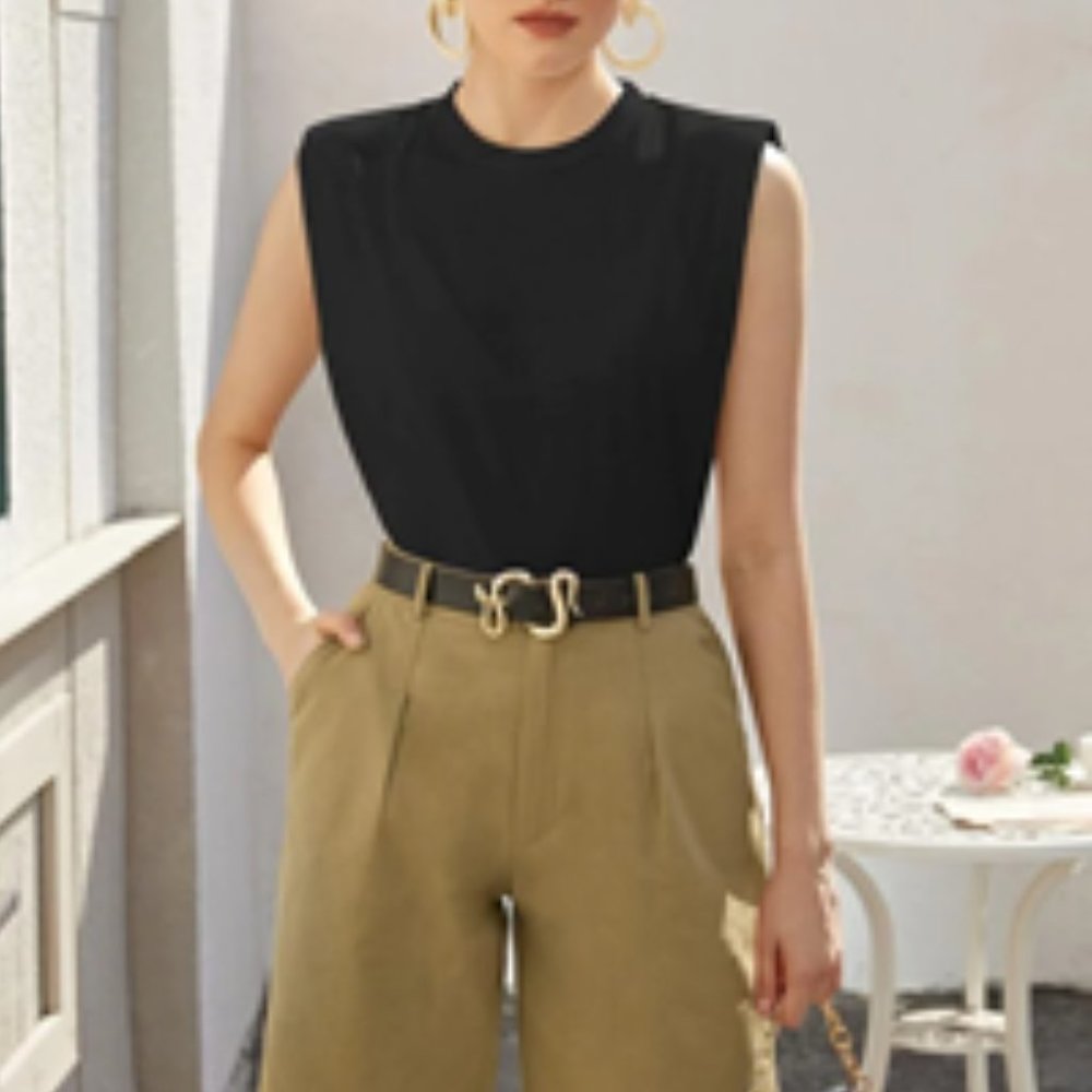 NEW Solid black sleeveless shoulder pad top